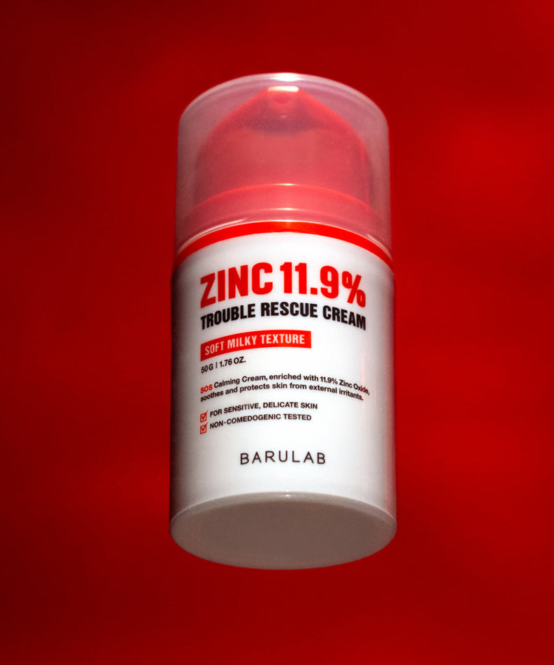 BARULAB Zinc 11.9 Percent Trouble Rescue Cream product bottle on red background