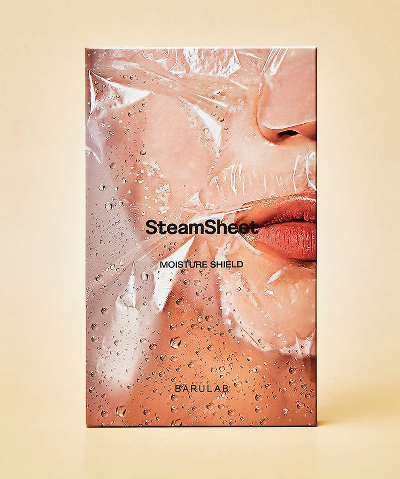 BARULAB Steam Sheets Moisture Shield Oil Lock Facial Mask 5 Packs packaging with a close-up image of a face covered in the mask.