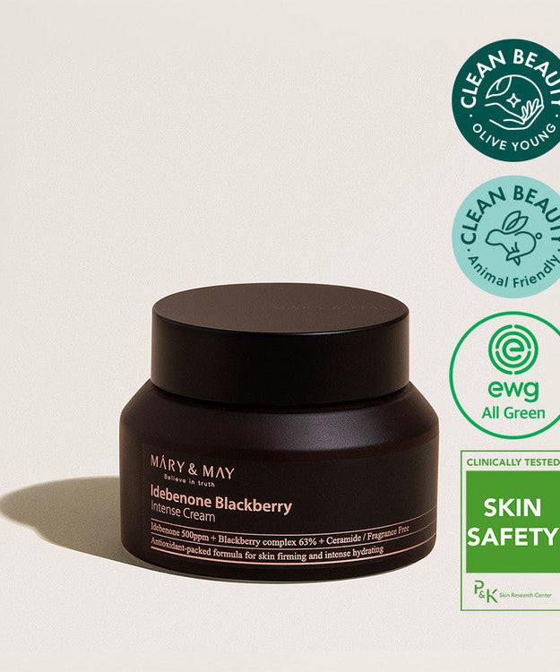 MARY & MAY Idebenone Blackberry Intense Cream 70g jar with clean beauty and skin safety labels