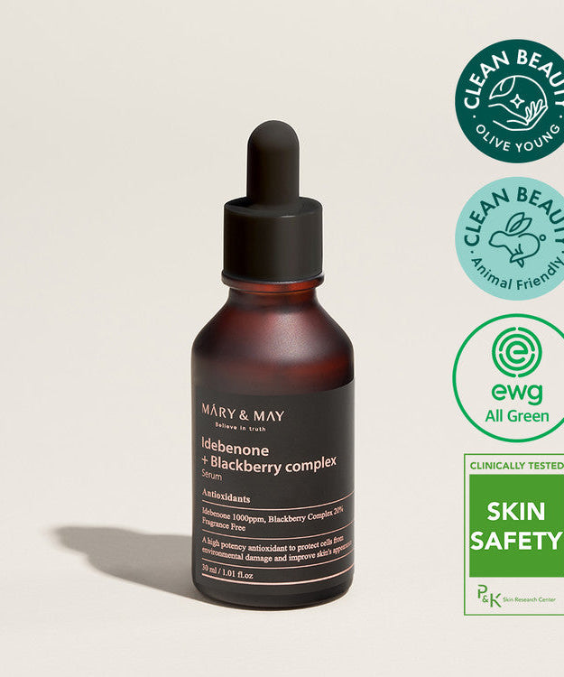 MARY & MAY Idebenone + Blackberry Complex Serum 30ml with clean beauty certifications and skin safety approval.
