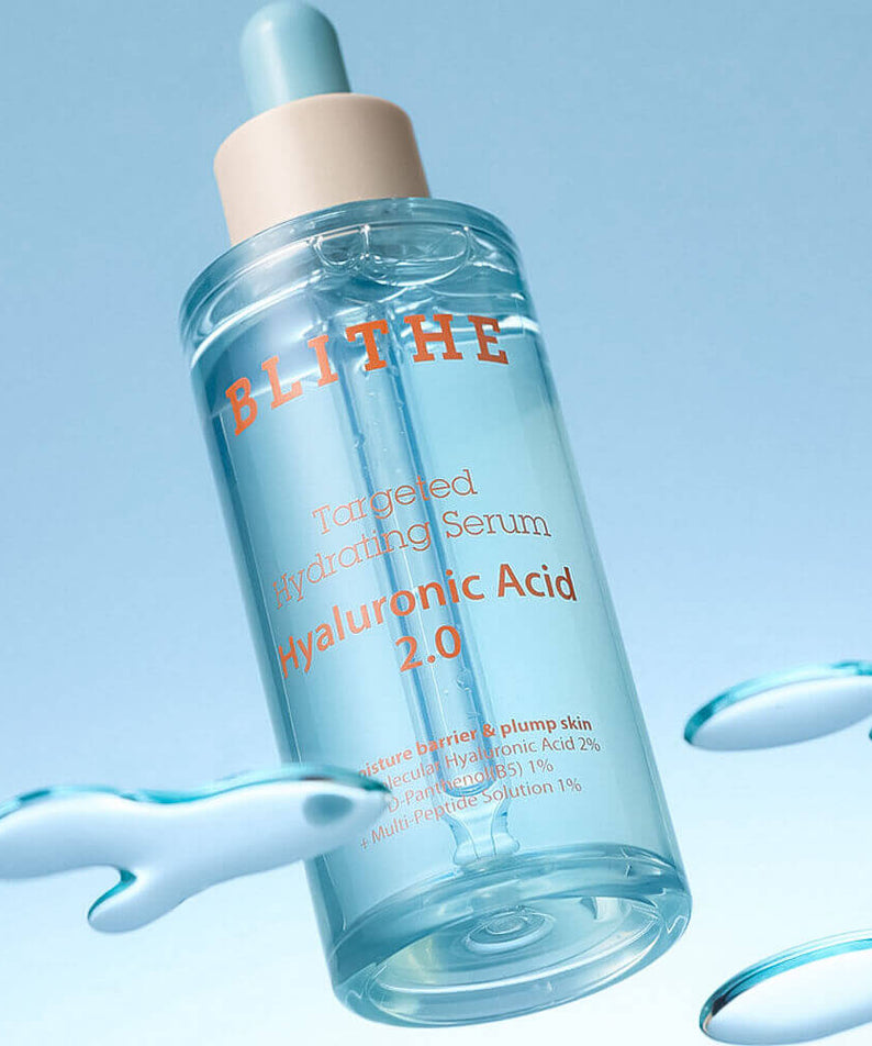 BLITHE Targeted Hydrating Serum Hyaluronic Acid 2.0 50ml in a clear bottle with droplets, showcasing skincare product.