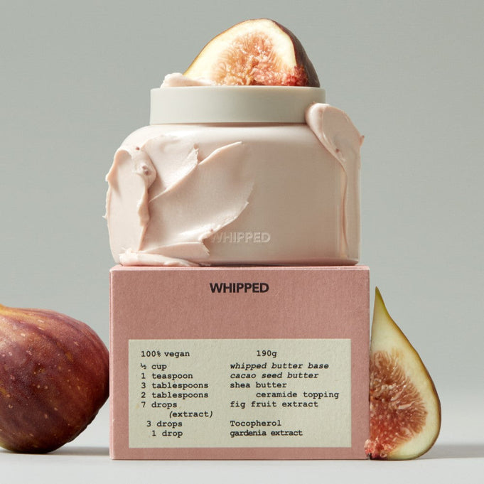 Ma Petite CorÃ©e WHIPPED Vegan Topping Body Butter 190g with fig extract, shown with pink packaging and fig slices.