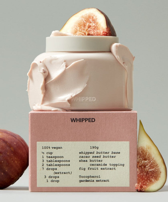 WHIPPED Vegan Topping Body Butter 190g with natural ingredients and fig extract, shown with elegant packaging, 100% vegan skincare