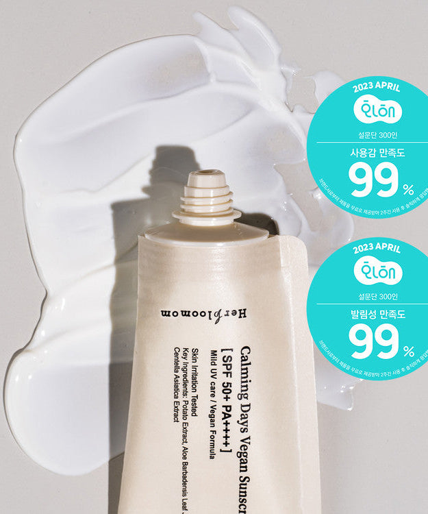 HERBLOOM Calming Days Vegan Sunscreen 50ml tube with cream texture and 99% satisfaction labels