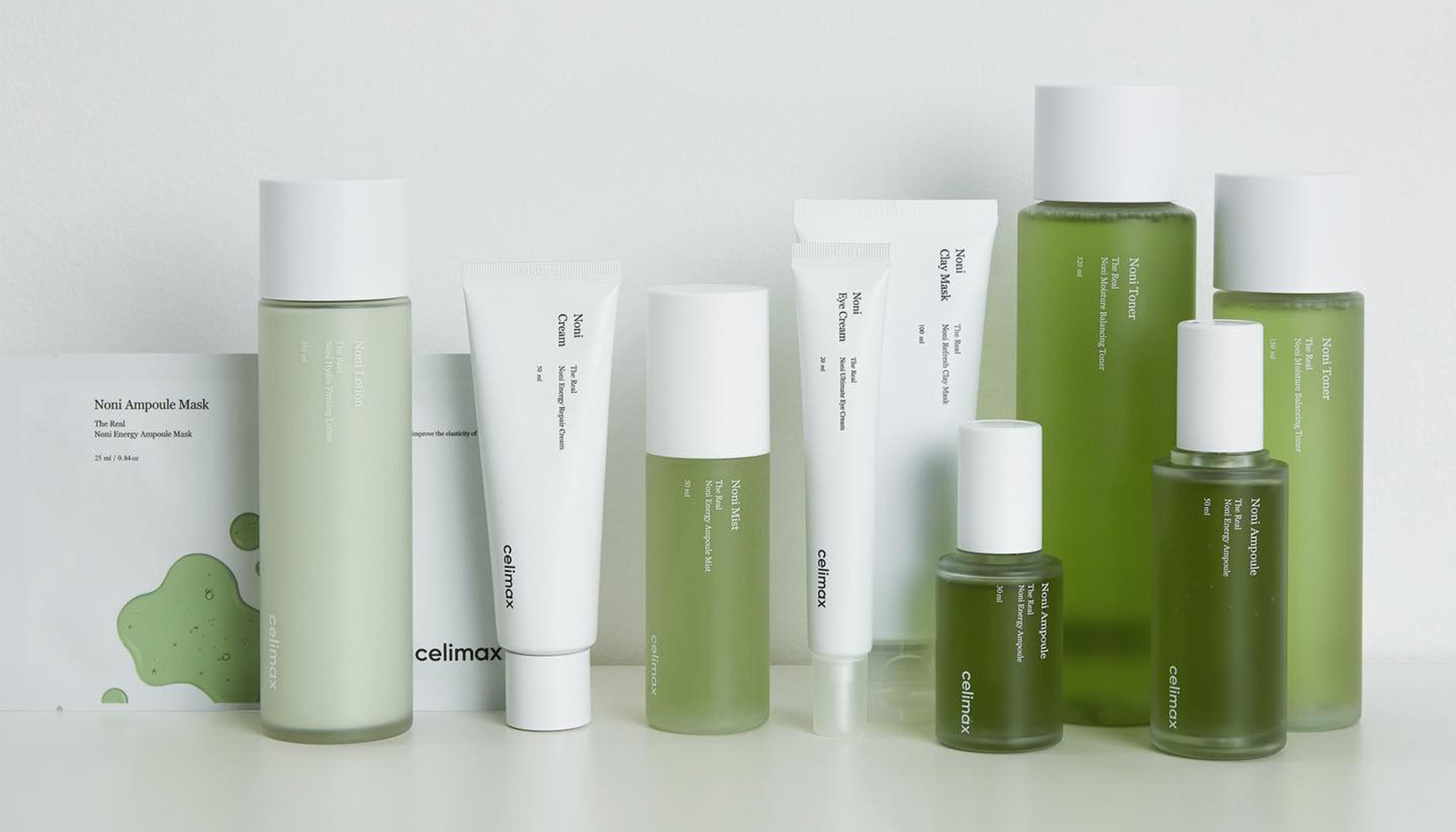 Collection of Celimax skincare products featuring green and white packaging, including masks, serums, and moisturizers on a white background.