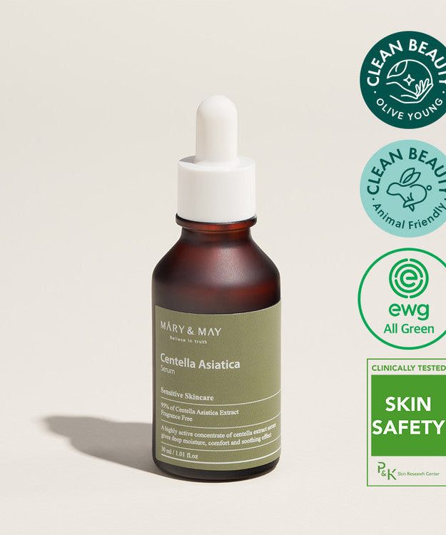 MARY & MAY Centella Asiatica Serum 30ml bottle with clean beauty and skin safety certifications