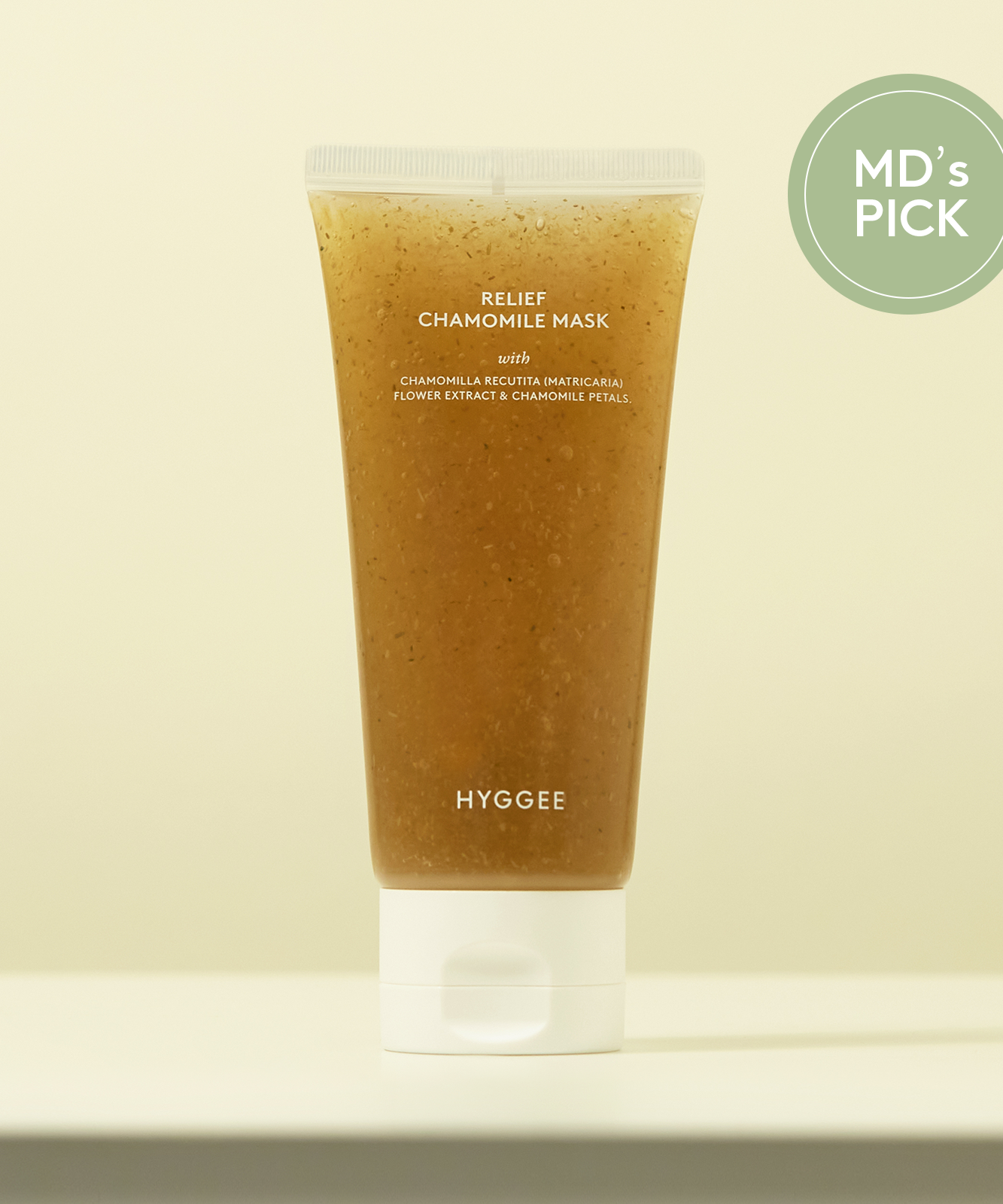 HYGGEE Relief Chamomile Mask 95ml tube on display, labeled MD's Pick.