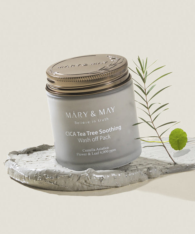 MARY & MAY Cica Tea Tree Soothing Wash off Pack 125g displayed with natural elements