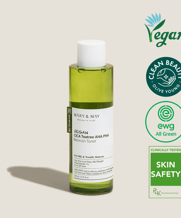 MARY & MAY Vegan CICA Teatree AHA PHA Blemish Toner 200ml bottle with certification logos for clean beauty, skin safety, and vegan-friendly.