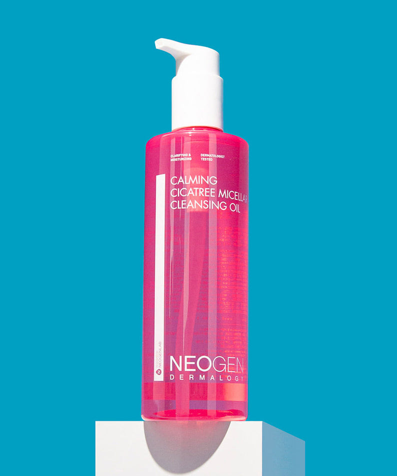 NEOGEN Calming Cicatree Micellar Cleansing Oil 300ml bottle against a blue background