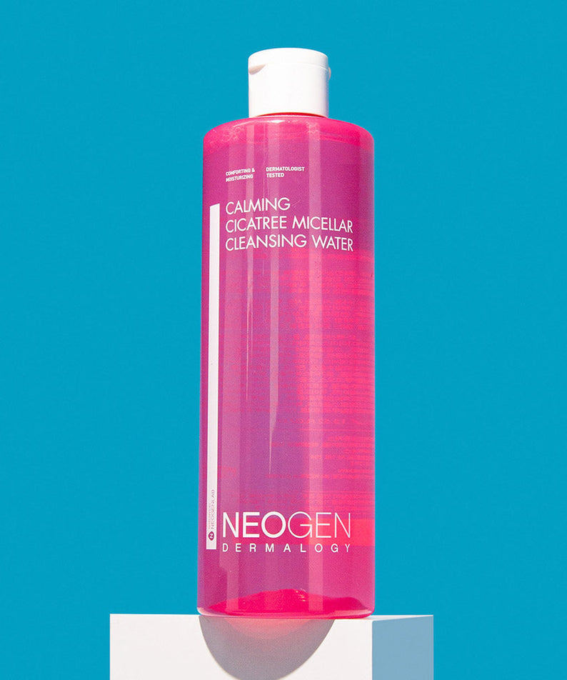 NEOGEN Calming Cicatree Micellar Cleansing Water 400ml bottle against a blue background