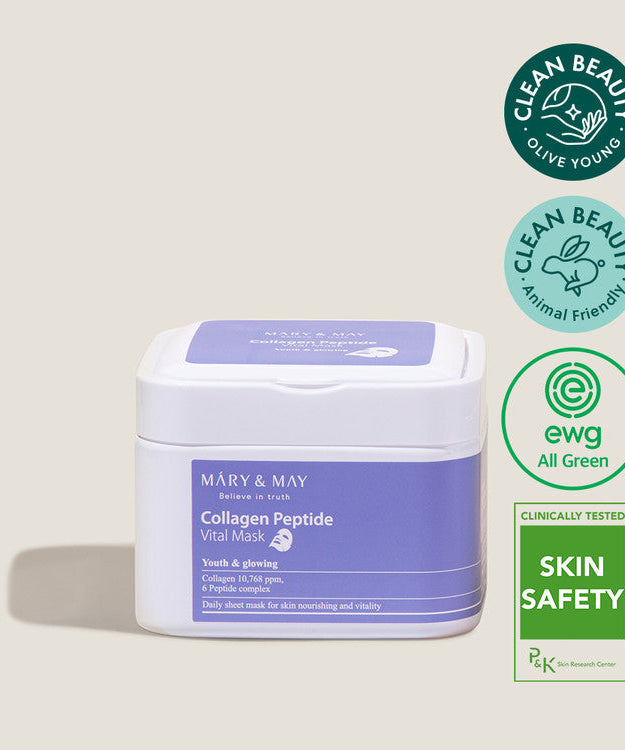 MARY & MAY Collagen Peptide Vital Mask x30 product image showcasing packaging and certifications