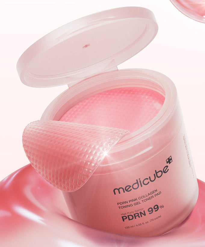 MEDICUBE PDRN Pink Collagen Toning Gel Toner Pad 70pads open container showing pink pads