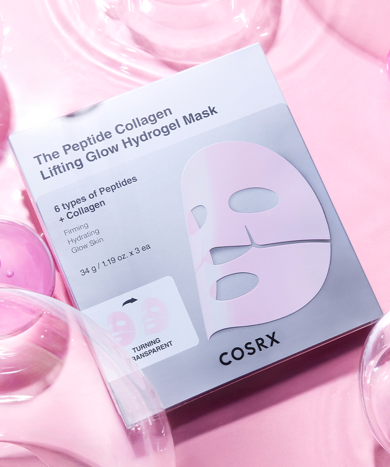 Image of COSRX The Peptide Collagen Lifting Glow Hydrogel Mask - 3 sheets packaging, emphasizing skincare benefits with peptides and collagen.