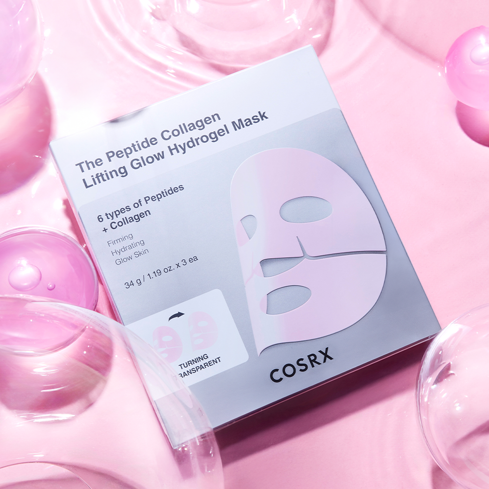 COSRX Peptide Collagen Hydrogel Mask on pink surface, available at Ma Petite Corée for firming and glowing skin.