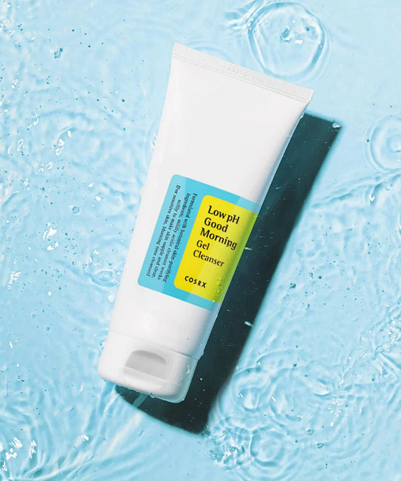 COSRX Low PH Good Morning Gel Cleanser 150ml on a watery blue background