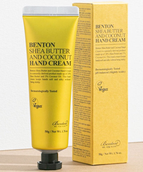 BENTON Shea Butter and Coconut Hand Cream 50ml product packaging with yellow tube and box. Ideal for dry, rough skin.