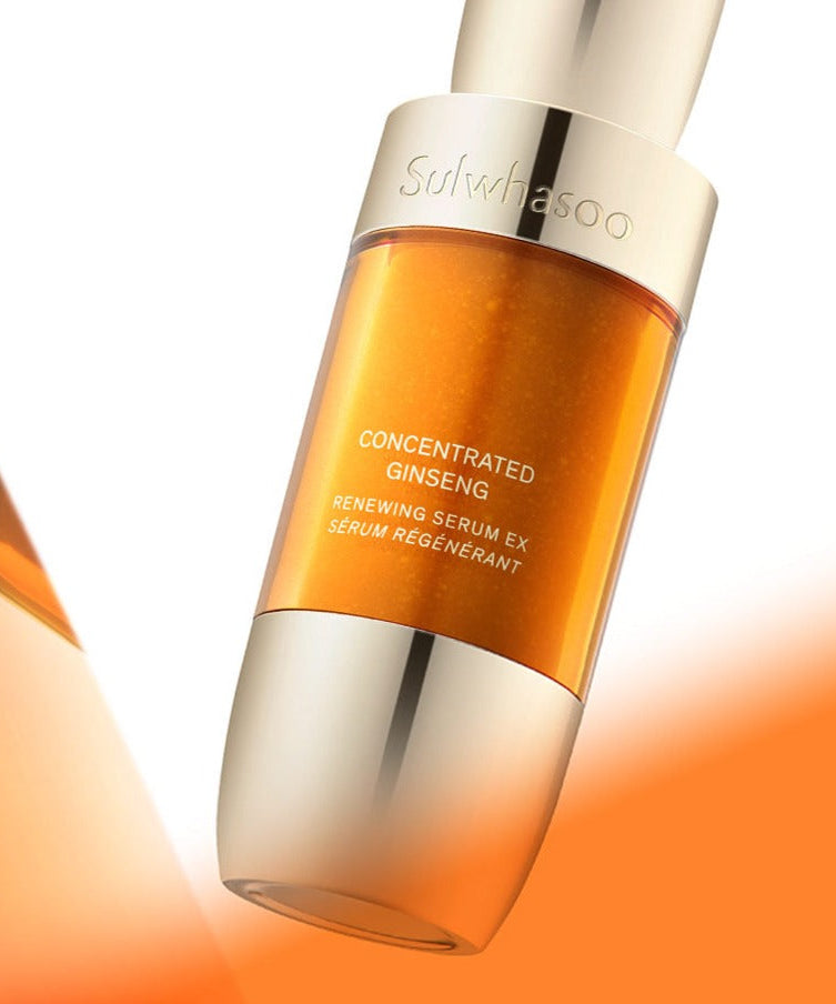 SULWHASOO Concentrated Ginseng Renewing Serum EX bottle against an orange background.