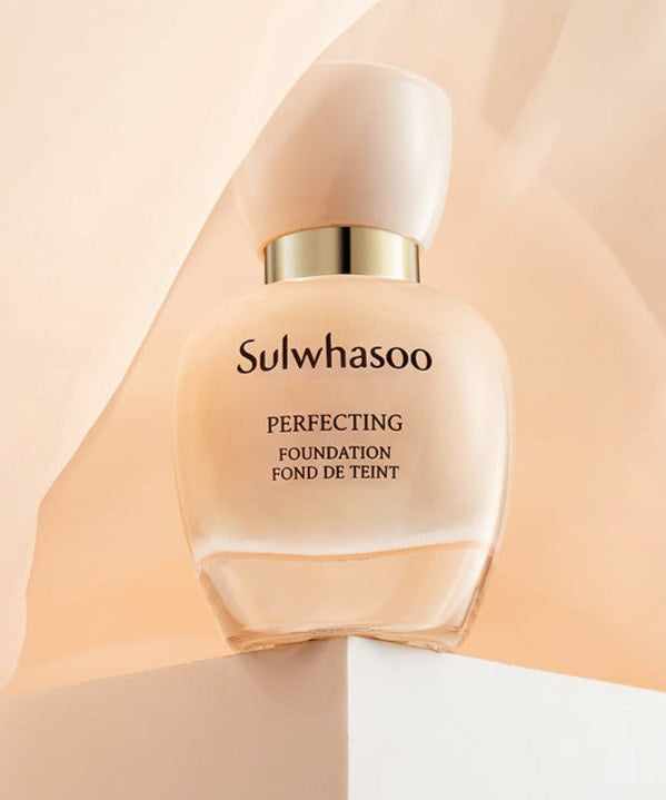 SULWHASOO Perfecting Foundation 35ml bottle on a soft background, showcasing the luxury and elegance of the foundation packaging.