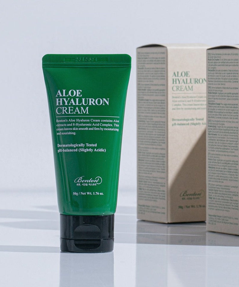 BENTON Aloe Hyaluron Cream 50ml moisturizer for soothing and hydrating skin, featuring aloe vera and hyaluronic acid formula in tube.