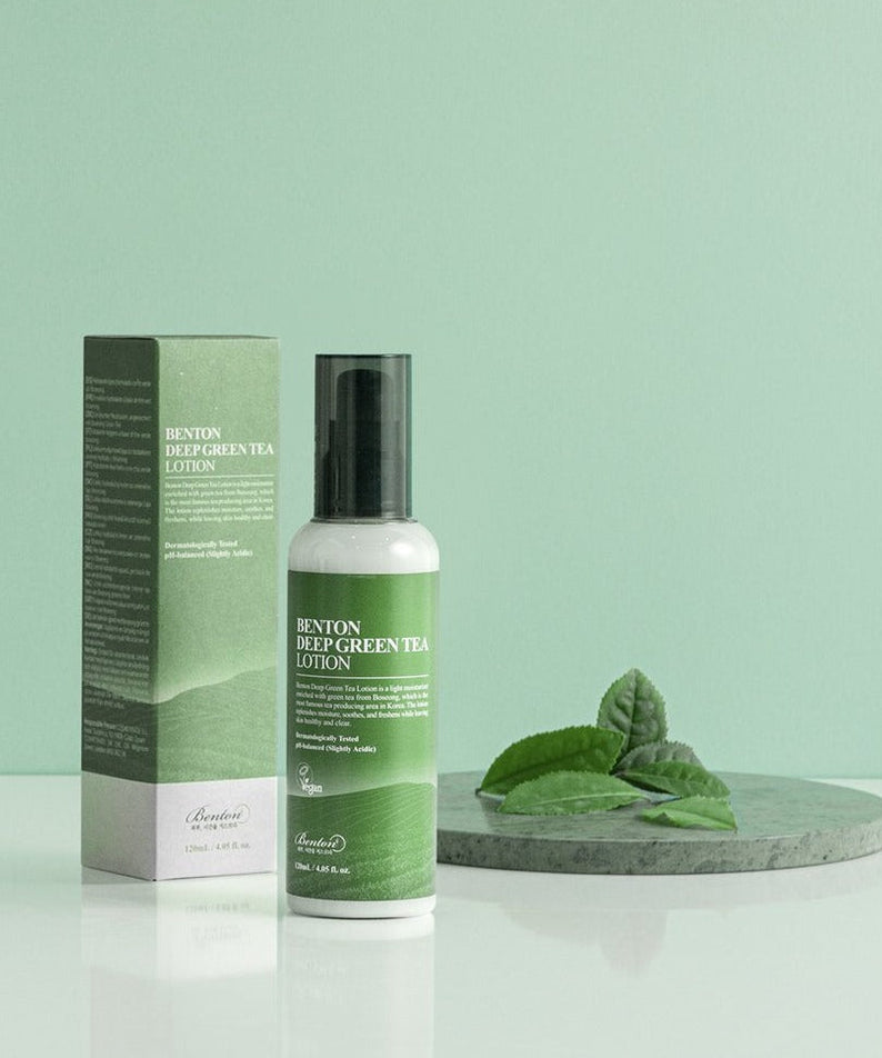 BENTON Deep Green Tea Lotion 120ml with packaging, featured on green background, highlighting its hydrating and antioxidant benefits.