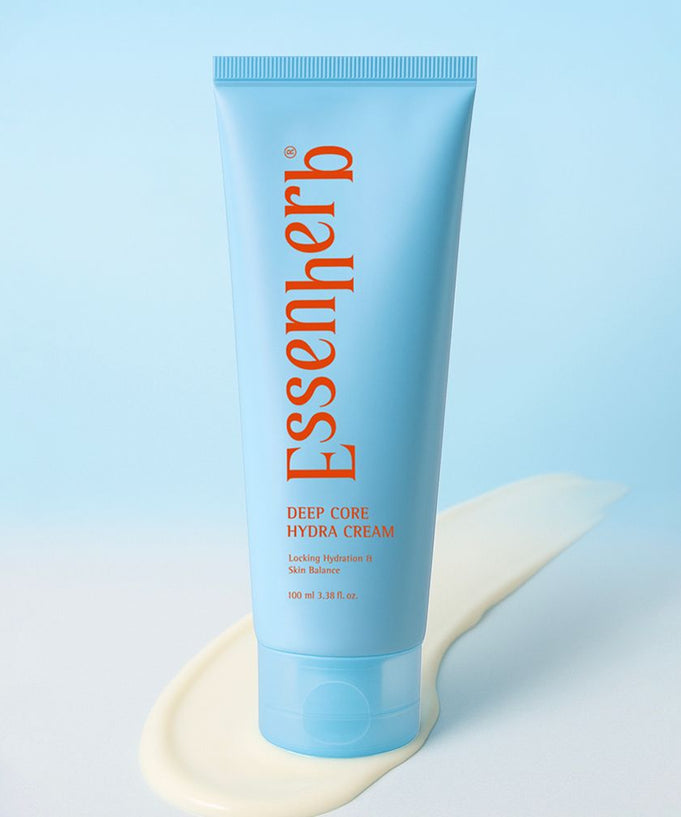 ESSENHERB Deep Core Hydra Cream 100ml moisturizer tube on blue background with cream swatch