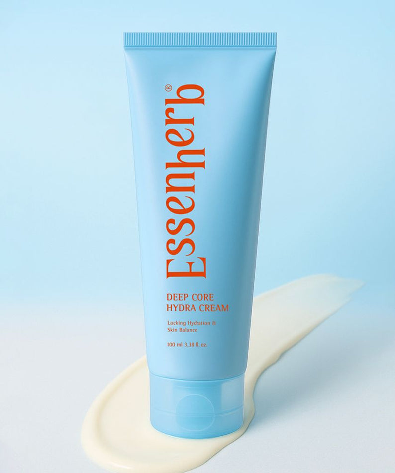 ESSENHERB Deep Core Hydra Cream 100ml moisturizer tube on blue background with cream swatch