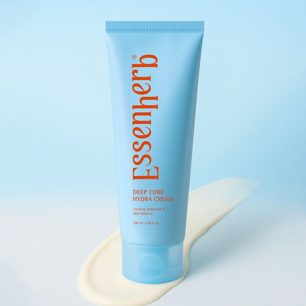 ESSENHERB Deep Core Hydra Cream 100ml moisturizer tube on blue background with cream swatch