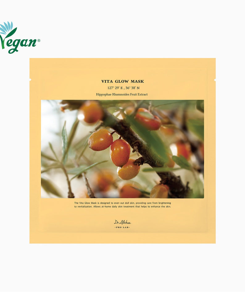 Packaging of DR.ALTHEA Vita Glow Mask (5ea) showing vegan label and fruit extract illustration.