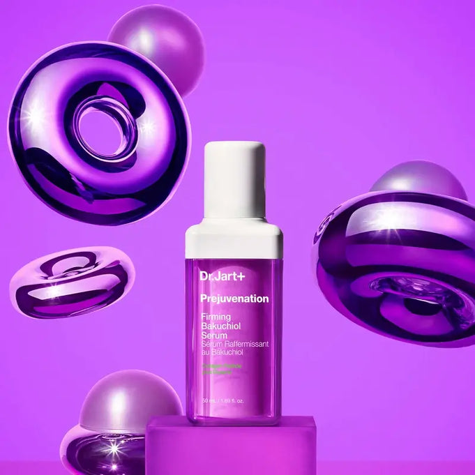 DR.JART+ Prejuvenation Firming Bakuchiol Serum 50ml amidst purple abstract art on a violet background