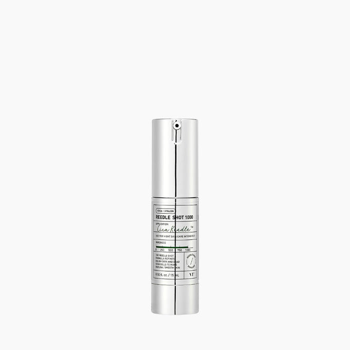 VT COSMETICS Reedle ShotÂ® bottle on a white background for skincare routine.