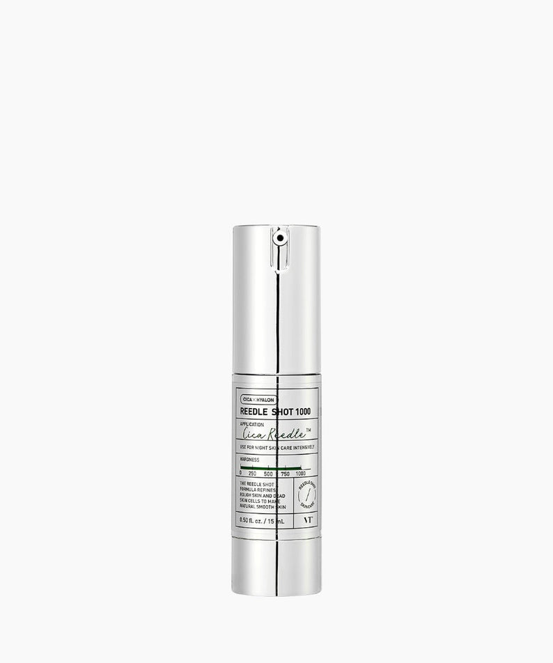 VT COSMETICS Reedle ShotÂ® bottle on a white background for skincare routine.
