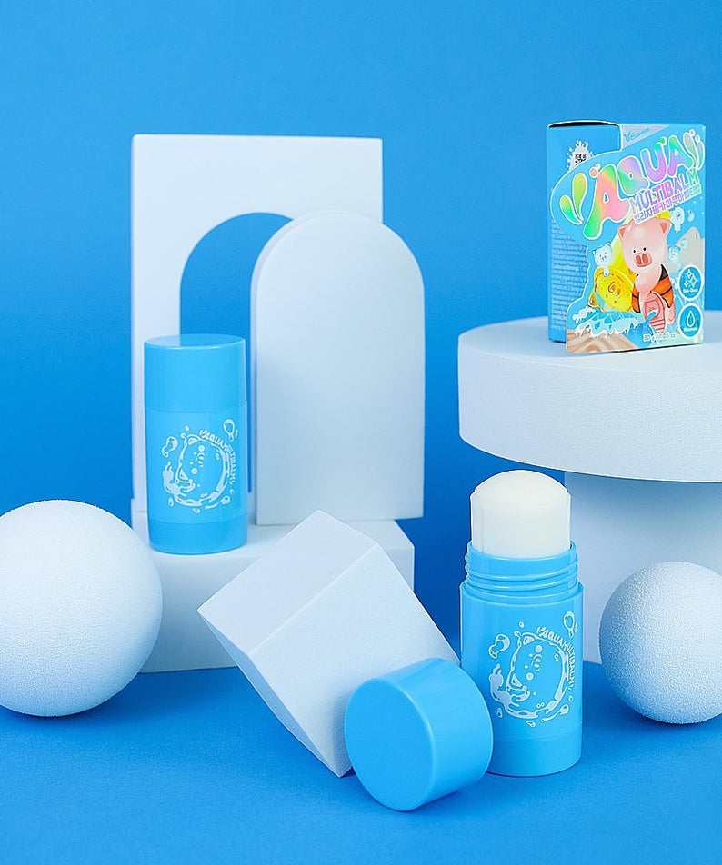 ELIZAVECCA Aqua Multii Balm 30g displayed with packaging on a blue background, featuring product details and vibrant design.