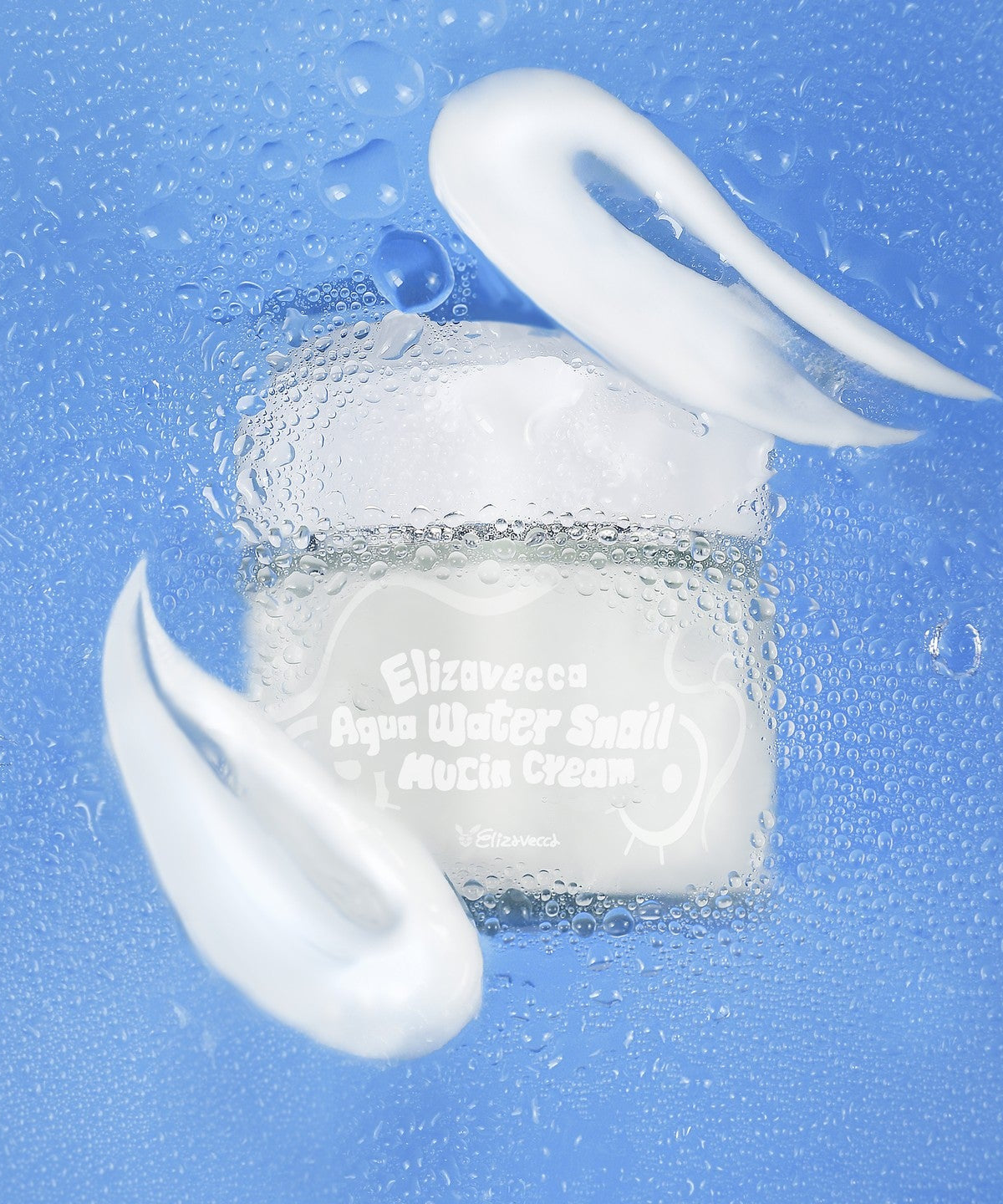 ELIZAVECCA Aqua Water Snail Mushine Cream jar with water droplets and snail essence on a blue background.