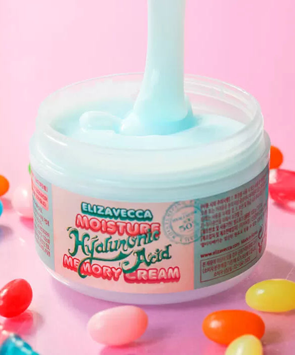 Open jar of ELIZAVECCA Moisture Hyaluronic Acid Memory Cream 100g with colorful background.