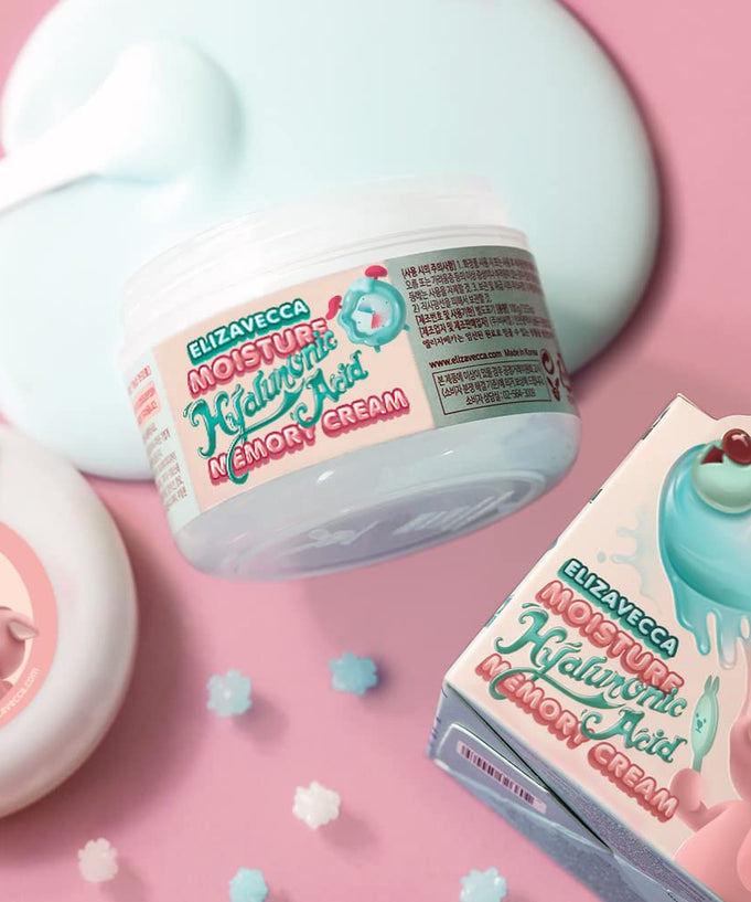 ELIZAVECCA Moisture Hyaluronic Acid Memory Cream 100g product packaging on a pink background