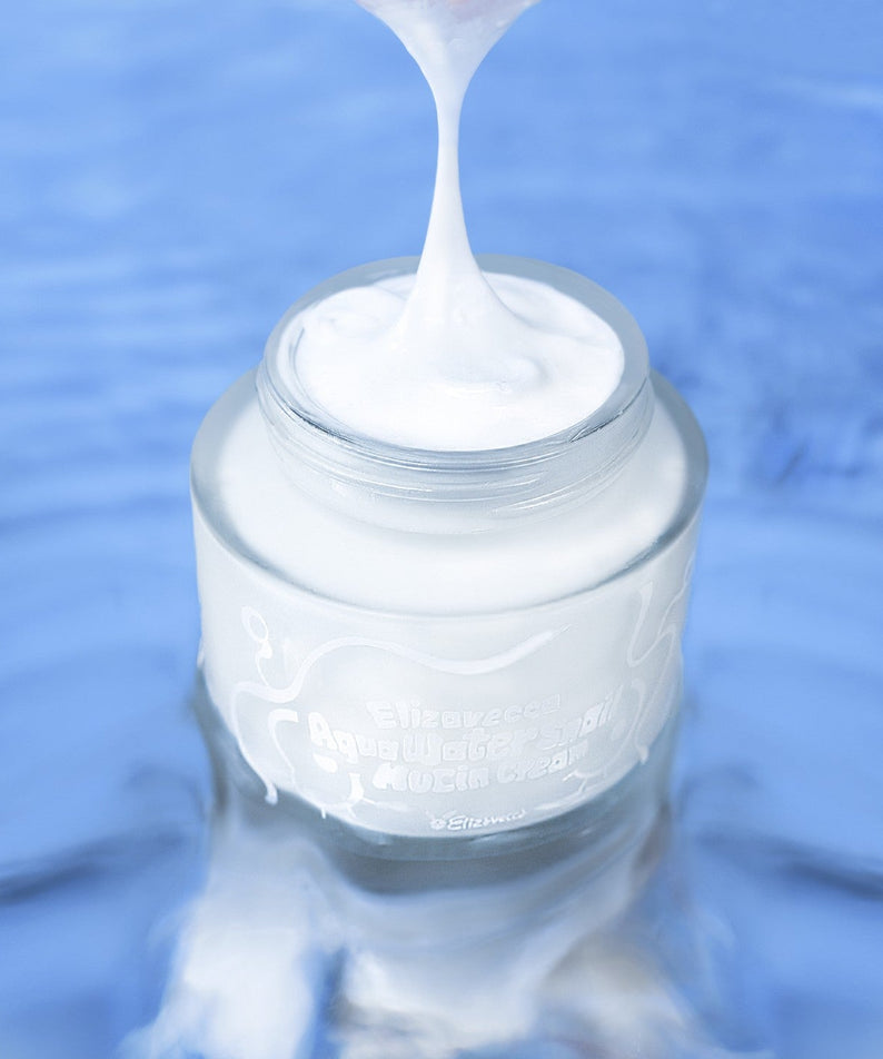 ELIZAVECCA Aqua Water Snail Mushine Cream jar with creamy texture on blue background