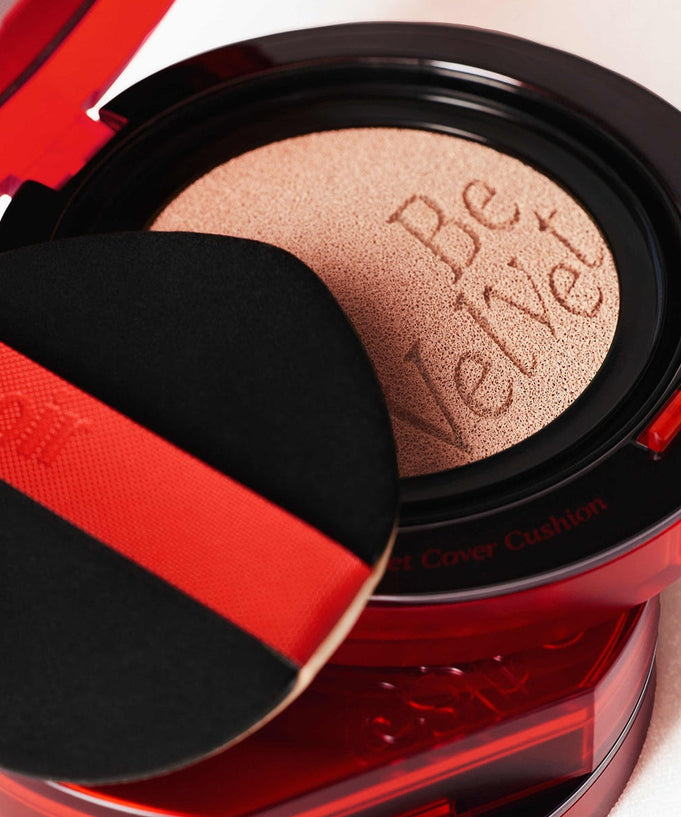 ESPOIR BE VELVET COVER CUSHION SPF42 PA++ compact open with applicator, high-quality makeup product.