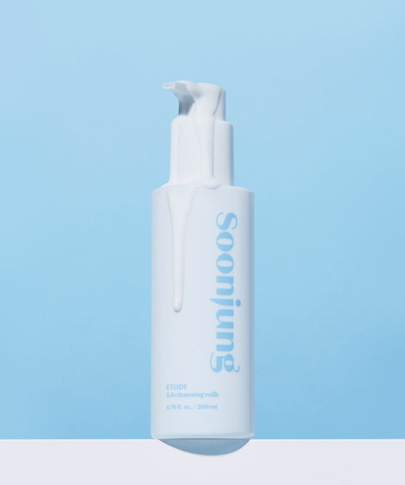 ETUDE Pure Mildly Acidic Cleansing Milk 200ml in white and blue bottle on blue background