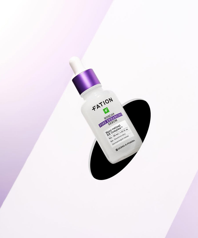 FATION Nosca9 Pore Enhacing Serum 30ml bottle with purple cap on geometric background