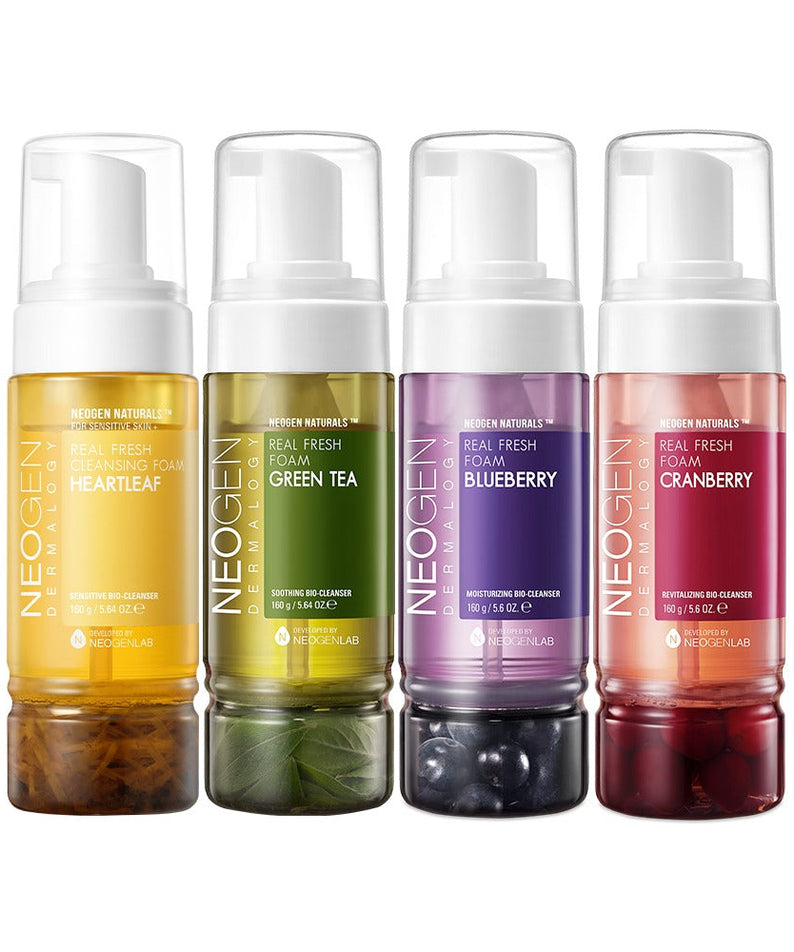 NEOGEN Real Fresh Foam Green Tea 160g alongside other foam cleansers in various flavors.