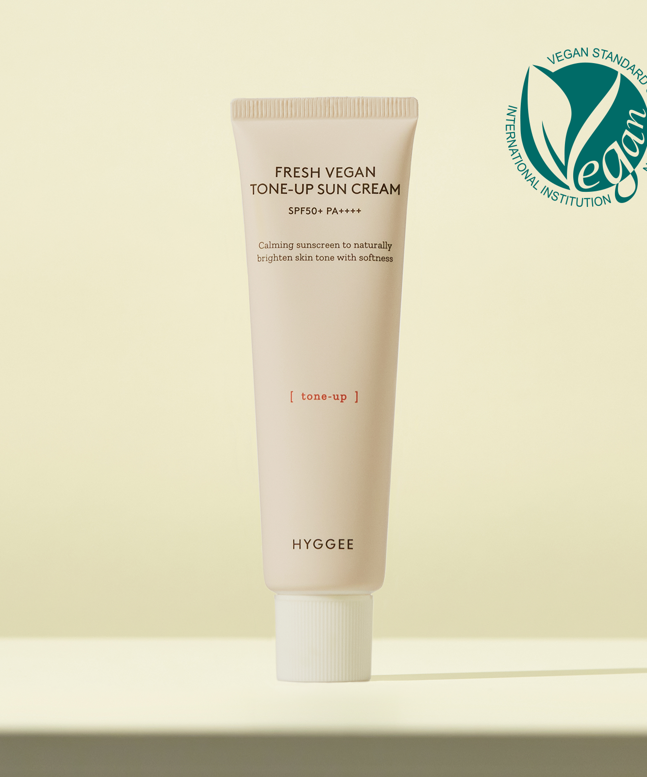 HYGGEE Fresh Vegan Tone-Up Suncream SPF50+ 50ml packaging with vegan certification label
