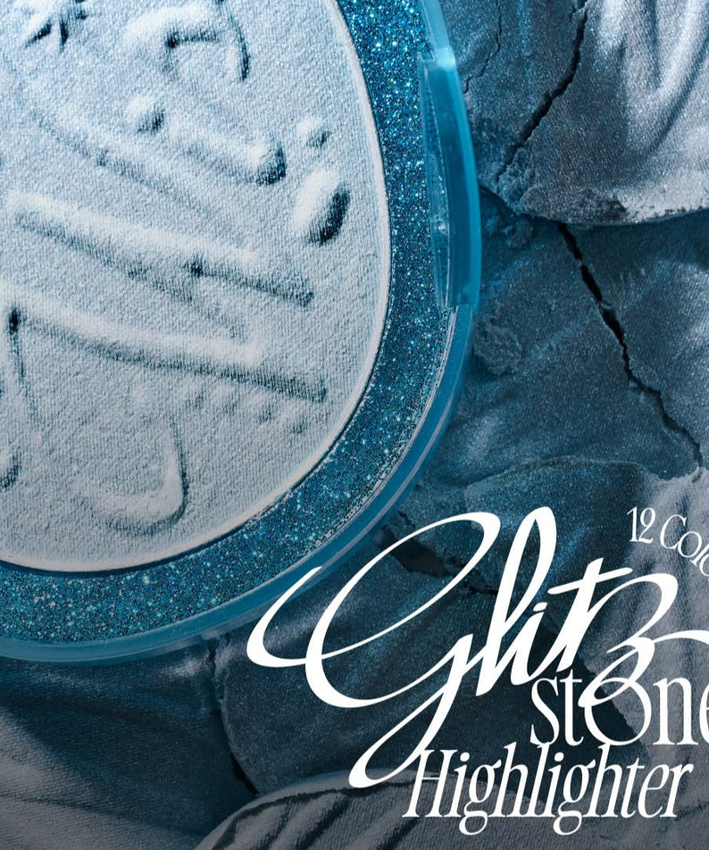 FWEE Glitz Stone Highlighter compact showcasing shimmering blue shades.