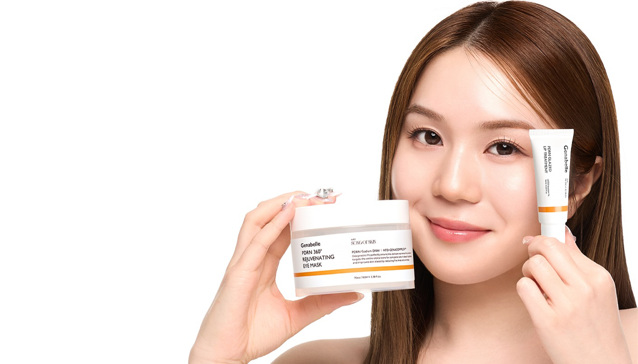 Woman holding skincare mask and cream, showcasing facial beauty products.