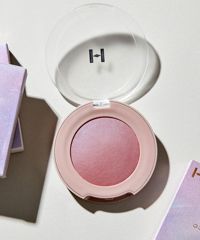 HINCE True Dimension Glow Cheek in open compact with packaging, showcasing radiant blush color on a light background.