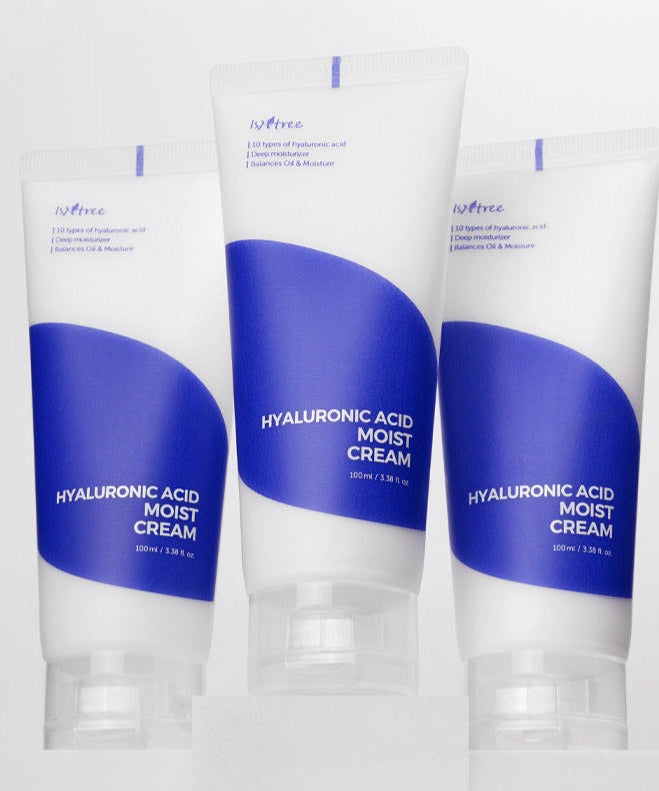 ISNTREE Hyaluronic Acid Moist Cream 100ml tubes displayed on a stand