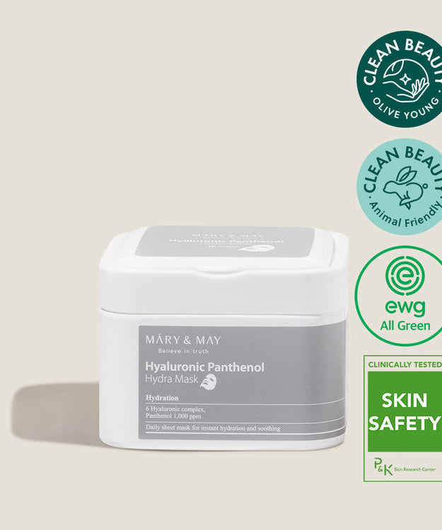 MARY & MAY Hyaluronic Panthenol Hydra Mask x30 packaging with clean beauty and skin safety certifications displayed.