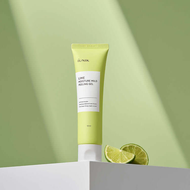 iUNIK Lime Moisture Mild Peeling Gel 90ml with fresh lime slices on green background