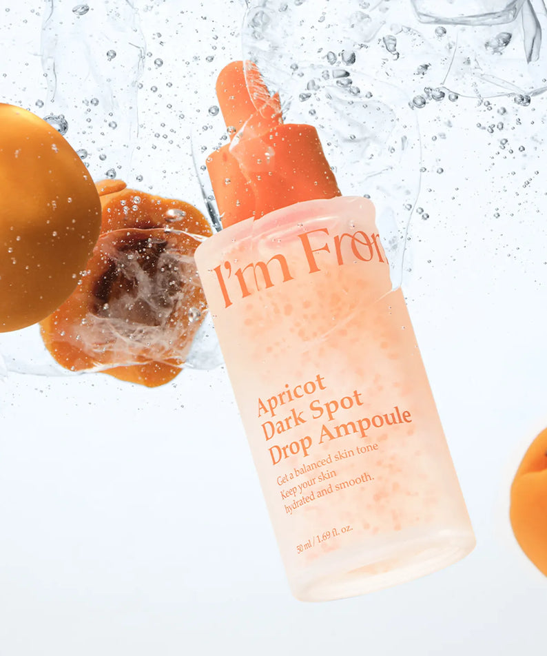 I'M FROM Apricot Dark Spot Drop Ampoule 50ml skincare product with apricots in water, for even skin tone and texture.