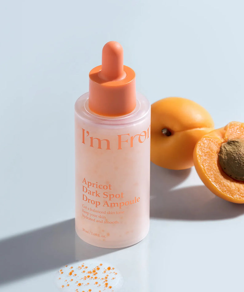 I'M FROM Apricot Dark Spot Drop Ampoule 50ml with apricot fruits in background, skincare product for reducing dark spots.